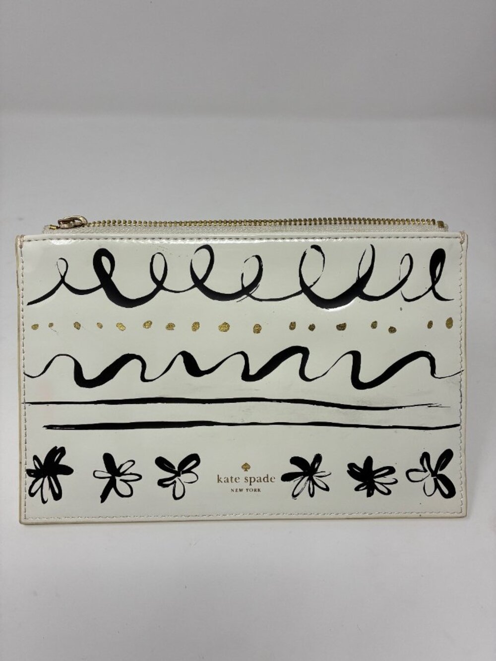 Kate Spade New York White Black Doodle Floral Zip Pouch Clutch Gold Accent